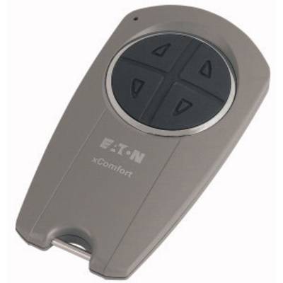 Eine Fernbedienung mit vier kreisförmig angeordneten Tasten. Gerät ist grau und trägt die Aufschrift 'Eaton xComfort'.