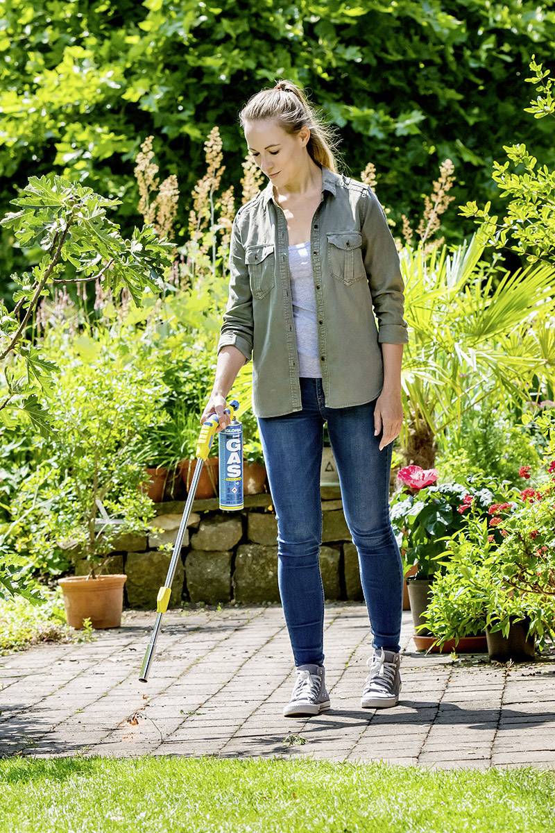 Eine Person in Freizeitkleidung benutzt einen Gasbrenner, um Unkraut auf einem gepflasterten Weg in einem Garten zu entfernen.