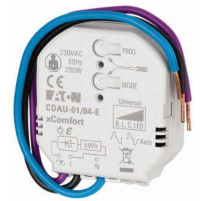 Ein elektrischer Schaltempfänger mit weißen Gehäuse und beschrifteten Symbolen, umgeben von blauen, schwarzen und violetten Drähten.