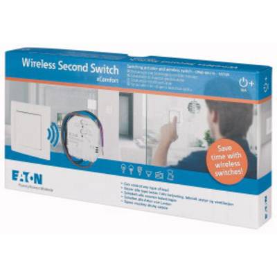 Verpackung eines drahtlosen Schalters mit Bild eines Kindes, das den Schalter drückt. Produktname: 'Wireless Second Switch'.