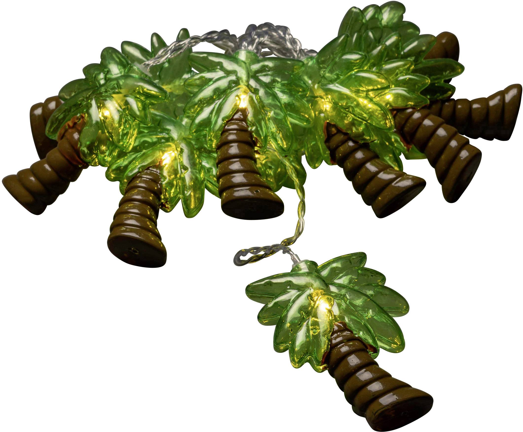 Eine Lichterkette mit dunkelgrünen, leuchtenden Palmen aus Kunststoff, die als Dekoration verwendet wird.