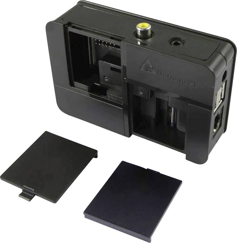 Offenes schwarzes Gehäuse für Raspberry Pi mit abgenommenen Abdeckungen, zeigt interne Steckplätze und Anschlüsse.