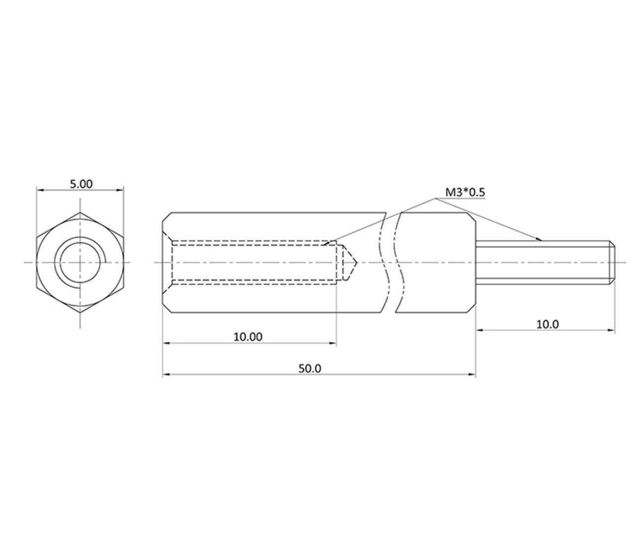 Technische Zeichnung eines sechseckigen Bolzens mit Maßen: 50 mm lang, 10 mm Durchmesser, M3x0,5 Gewinde. Queransicht und Draufsicht.