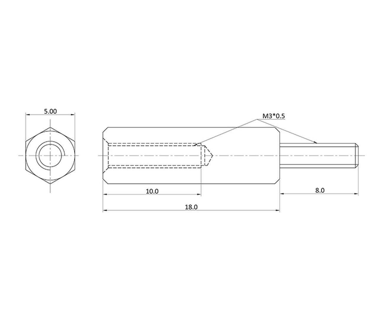 Technische Zeichnung eines zylindrischen Metallteils mit Maßen: 10 mm Durchmesser, 18 mm Länge. Gewinde M3x0.5 an einer Seite.