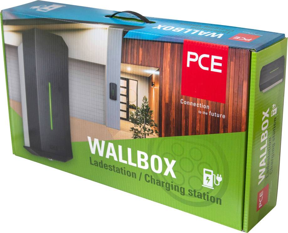'PCE Wallbox Ladestation' Verpackung zeigt eine Ladestation für Elektrofahrzeuge mit Bild eines Geräts und Hausfassade.