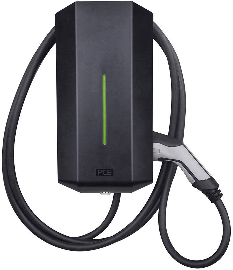 Eine schwarze elektrische Ladestation mit angeschlossenem Kabel und grüner LED-Anzeige, geeignet für Elektroautos.