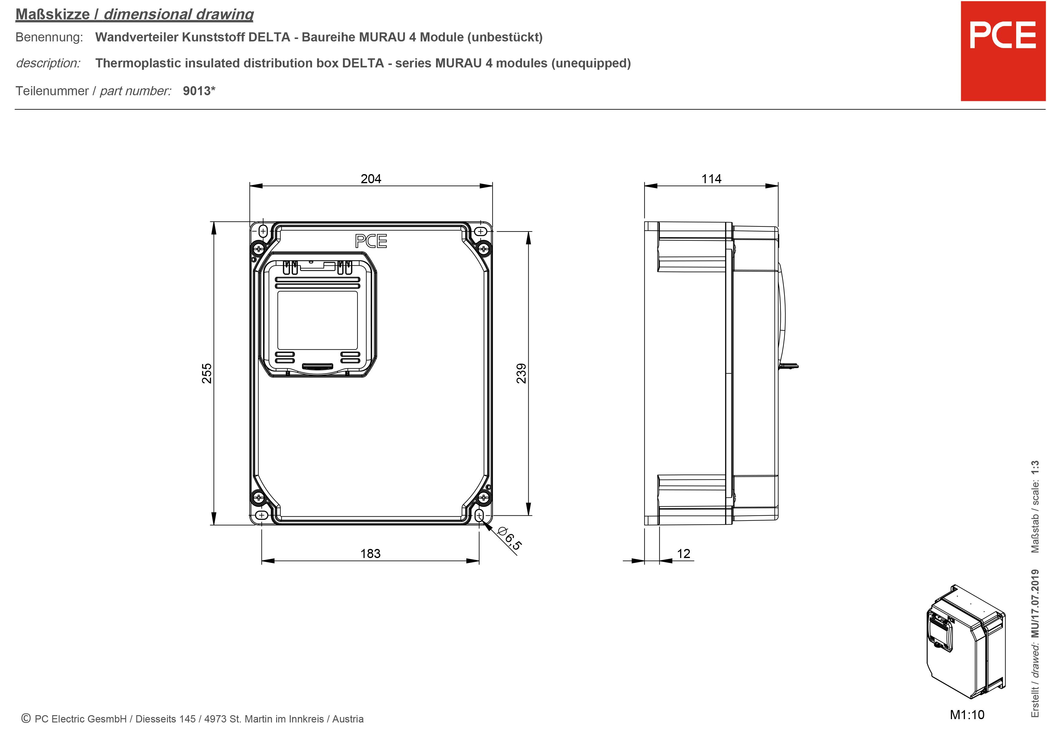 'Maßskizze eines Wandverteilers: Thermoplastisch isolierter Verteilerkasten DELTA, Serie MURAU 4 Module. Artikelnummer 9013.'