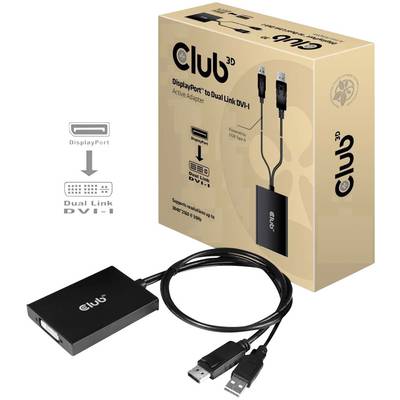 DisplayPort-zu-Dual-Link-DVI-Adapter von Club3D, zeigt Adapter mit Kabel, Verpackung und Symbolen für Anschlussmöglichkeiten.