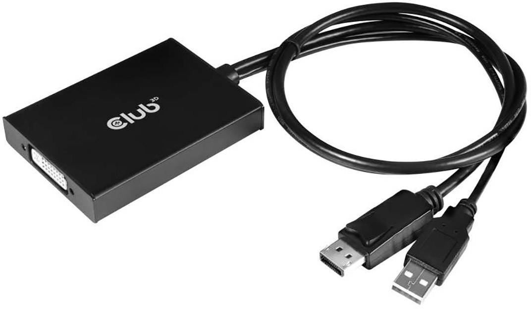 Ein DisplayPort-zu-DVI-Adapterkabel. Links ist der DVI-Anschluss, rechts befinden sich DisplayPort- und USB-Anschlüsse.