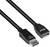 'Ein schwarzes DisplayPort-zu-USB-Anschlusskabel. Links befindet sich der DisplayPort-Stecker, rechts die USB-Buchse.'