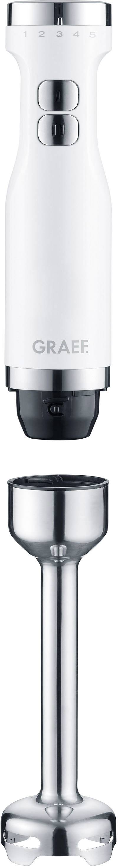 Weißer Stabmixer mit abnehmbarem Edelstahl-Mixfuß, zwei Bedientasten und Markenlogo 'Graef' auf dem Gehäuse.