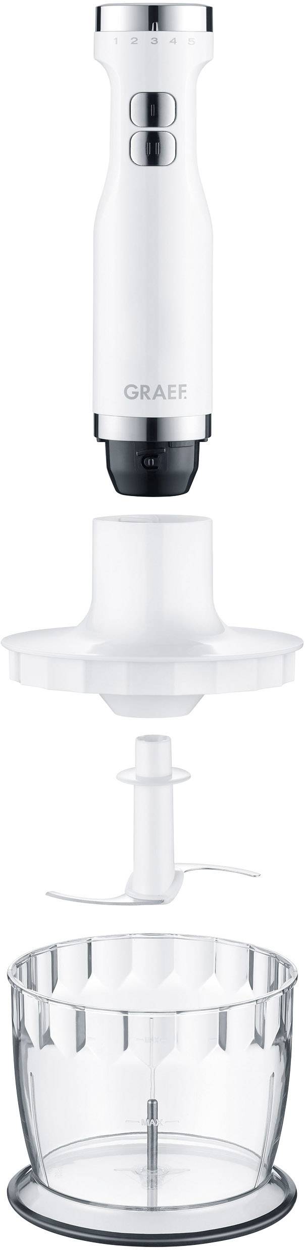 Handmixer mit abnehmbarem Aufsatz, Zerkleinerer und Behälter. Ideal zum Mixen, Zerkleinern und Rühren in der Küche.