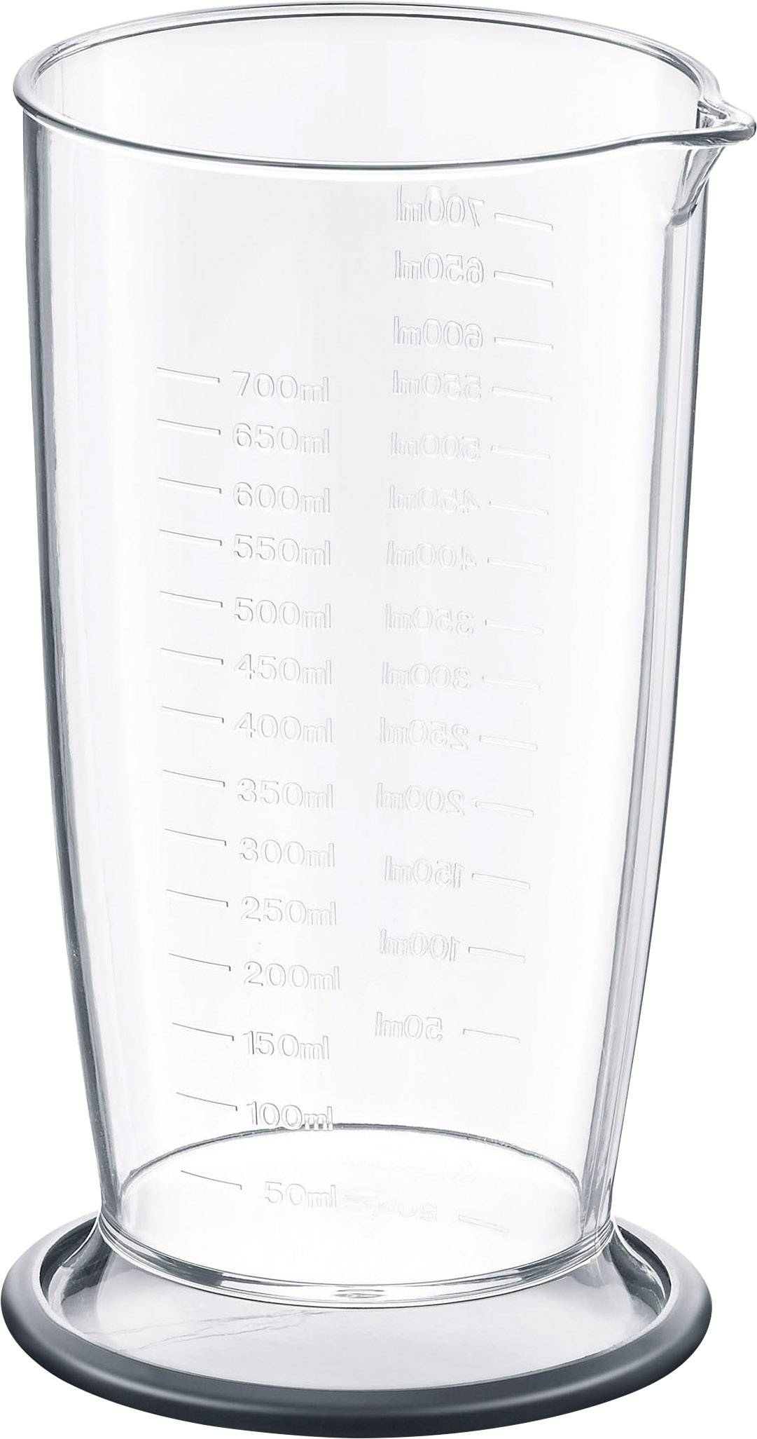Durchsichtiger Messbecher mit Maßeinheiten von 50 ml bis 700 ml auf der Seite, steht auf dunklem Untersetzer.
