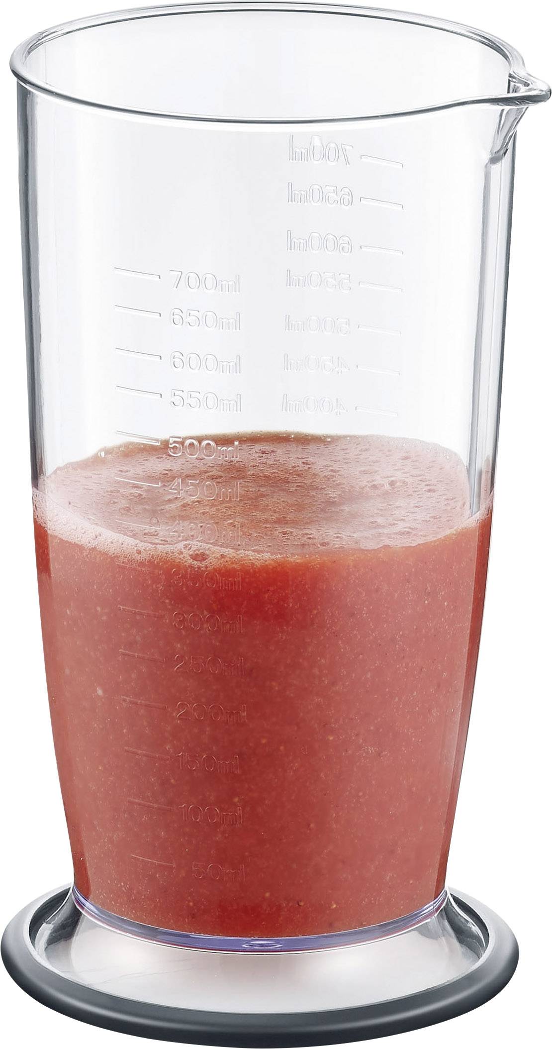 Ein transparenter Messbecher mit 700 ml rotem Smoothie, bis zur 600 ml-Marke gefüllt.