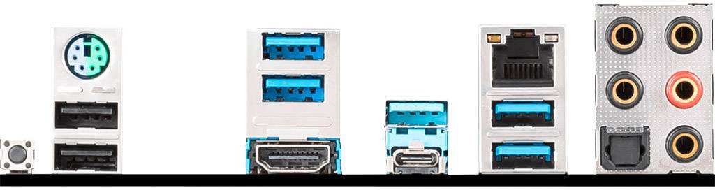 Anschlüsse eines Mainboards: PS/2, USB 3.0, HDMI, DisplayPort, Ethernet, Audio. Wichtig für Peripherie- und Netzwerkverbindung.
