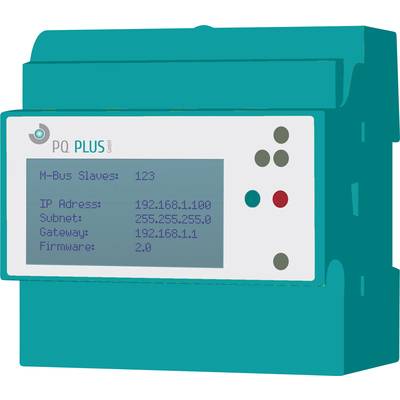 Ein grünes Messgerät mit einem Display zeigt Netzwerkinformationen: 'M-Bus Slaves: 123, IP Adresse: 192.168.1.100, Subnetz: 255.255.255.0'.