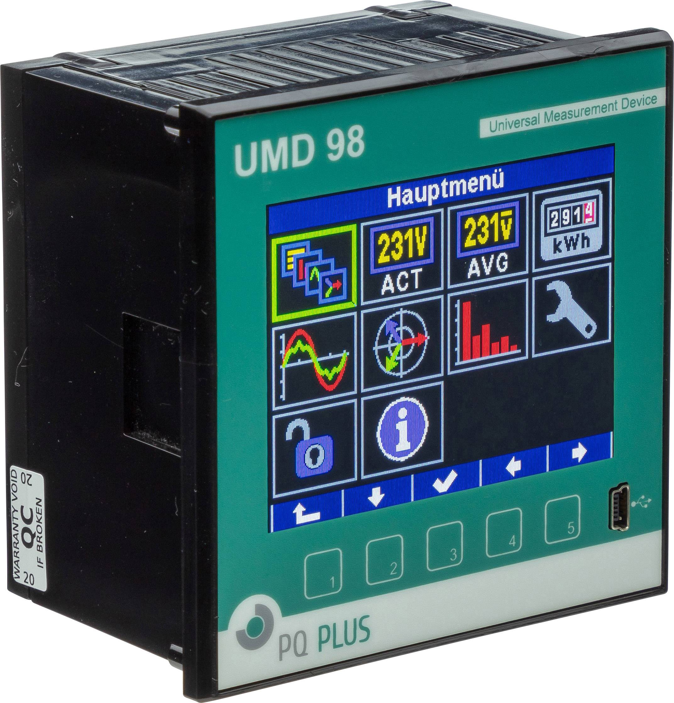Ein elektrisches Messgerät mit digitalem Display zeigt Strommesswerte wie Spannung, Stromstärke und Energieverbrauch.
