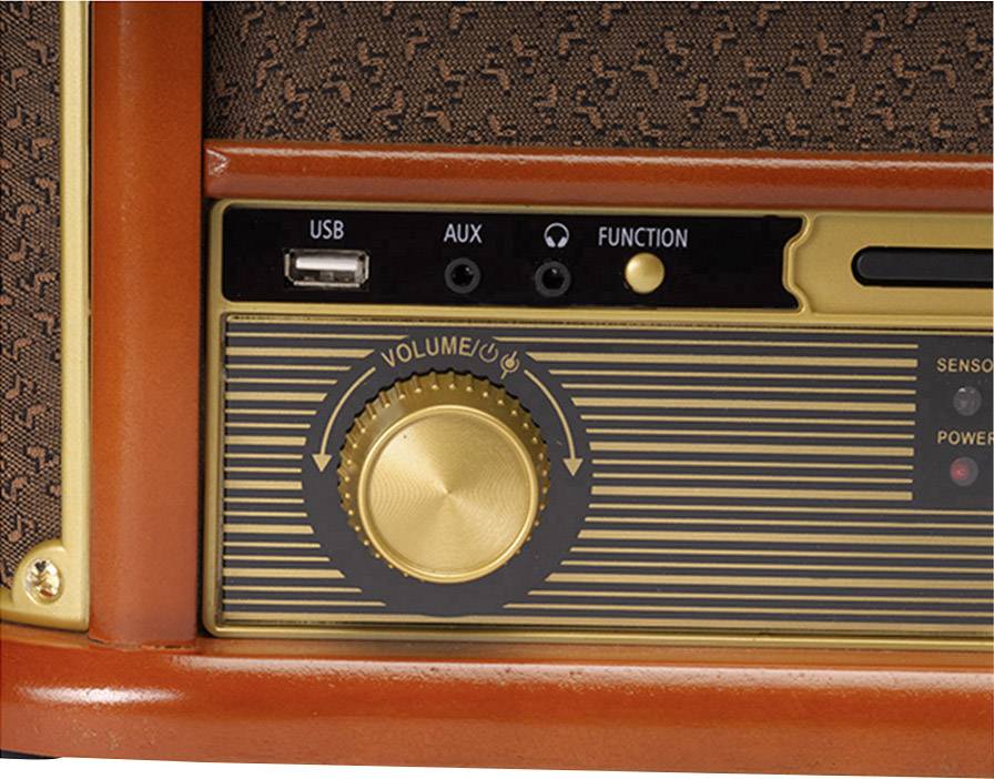 Nahaufnahme eines Retro-Lautsprechers mit Texturen und Design in Braun und Gold. Zeigt Regler für Lautstärke, USB-Anschluss, AUX und Funktionstasten.