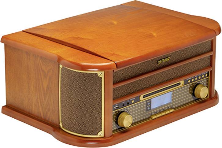 Holzradio im Retro-Stil mit modernen Bedienelementen und digitalem Display auf der Vorderseite.