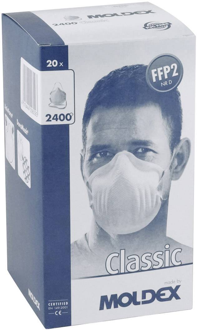 Eine Packung mit 20 FFP2-Atemschutzmasken der Marke Moldex, Modell 2400 Classic, mit Abbildung eines Mannes, der die Maske trägt.