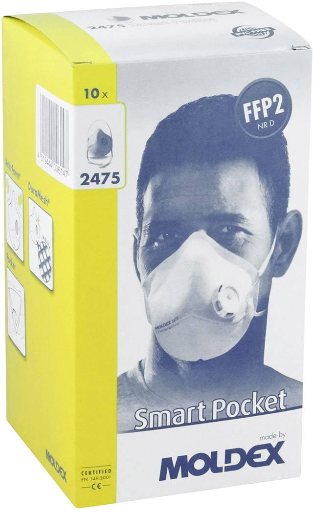 Verpackung für Moldex FFP2 Maske 'Smart Pocket', zeigt Bild einer Person mit Maske. Enthält 10 Masken, Modellnummer 2475.