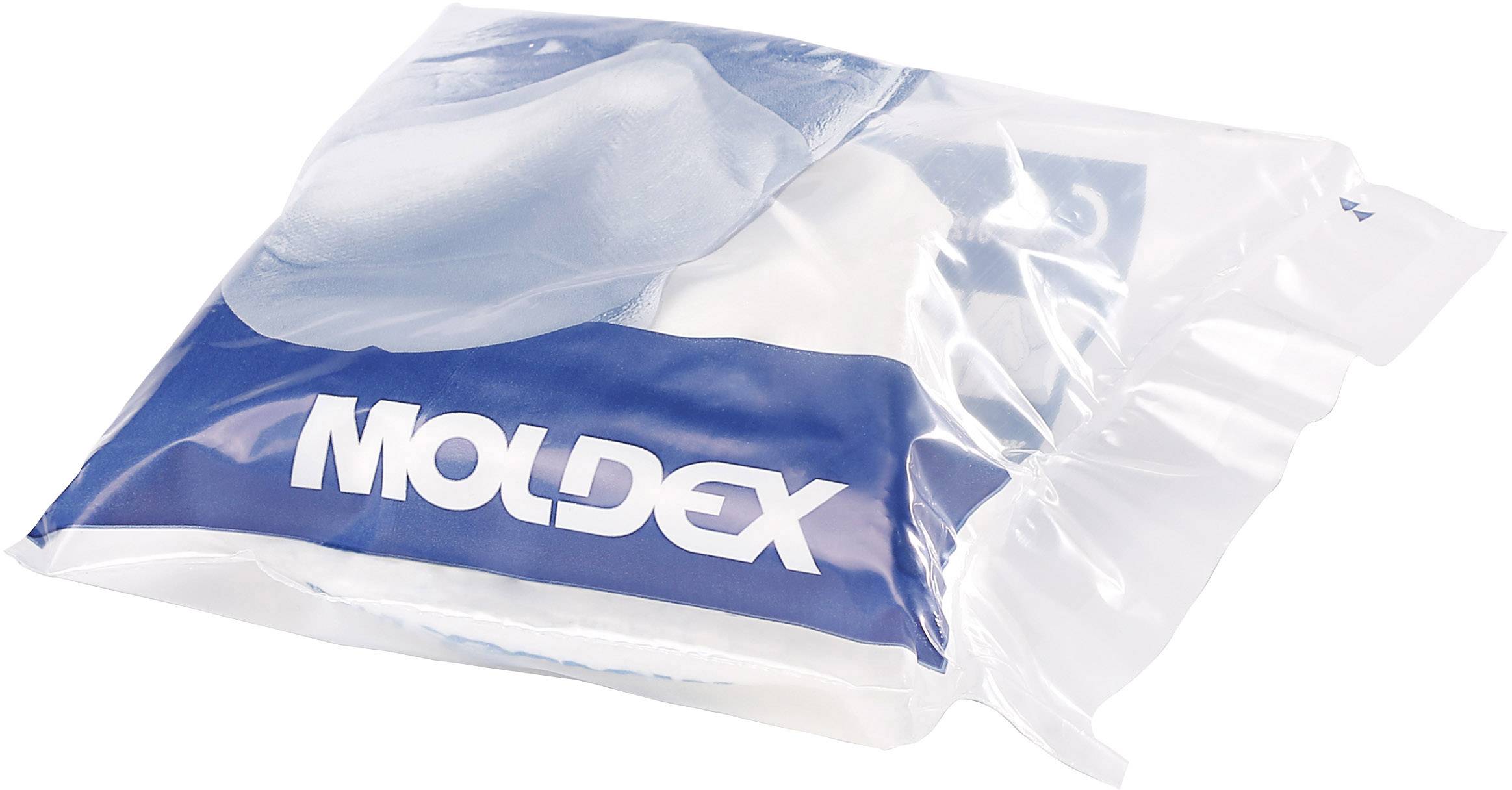 Kunststoffverpackung mit dem Wort 'MOLDEX' aufgedruckt, enthält wahrscheinlich eine Schutzmaske.