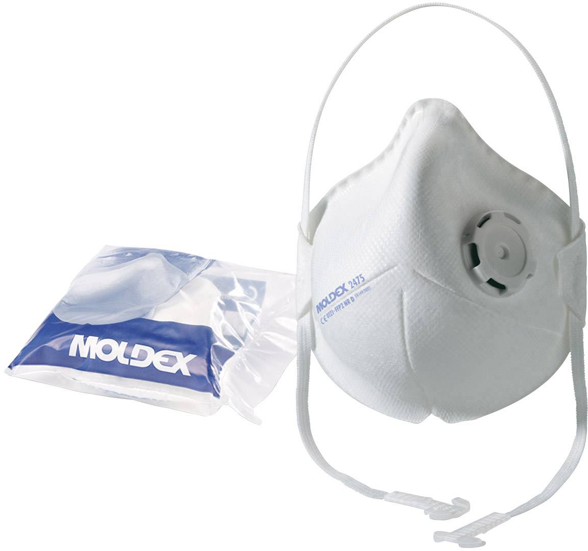 Atemschutzmaske Typ FFP2 mit Ventil in weiß, neben einer verschlossenen Verpackung mit 'MOLDEX'-Aufschrift.