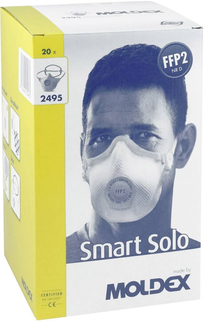 Mann mit FFP2-Maske auf gelber Verpackung. Text: 'Smart Solo', 'Moldex', für 20 Masken.