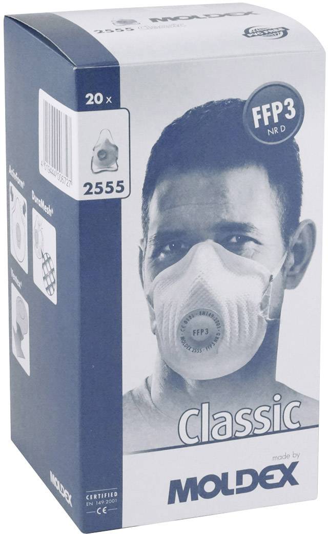 Eine Verpackung mit einer FFP3-Atemschutzmaske. Die Maske wird von einer Person getragen. Text: 'Classic', 'FFP3 NR D', 'made by MOLDEX'.