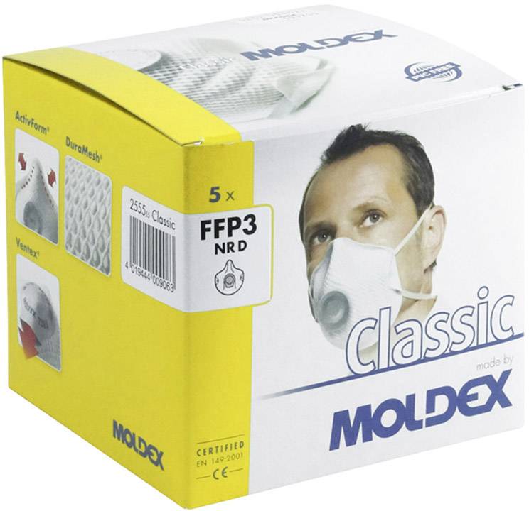 'Verpackung von FFP3 NR D Atemschutzmasken von Moldex. Zeigt eine Person mit Maske. Enthält 5 Stück. Zertifiziert nach EN 149:2001.'