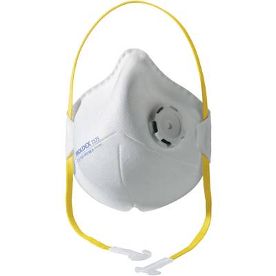 Eine weiße Atemschutzmaske mit gelben elastischen Bändern und einem Ventil auf der Vorderseite.