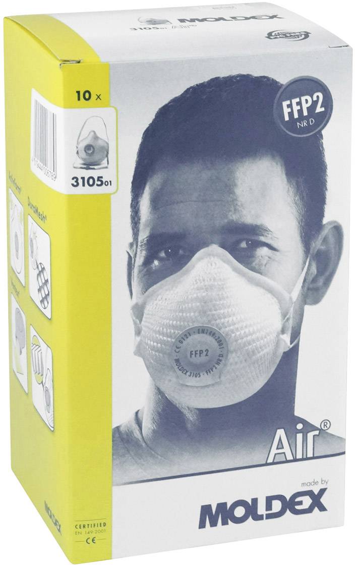 FFP2-Atemschutzmaske von Moldex auf einer Verpackung. Enthält 10 Masken, geeignet für den Schutz vor Partikeln, Typ 3105.