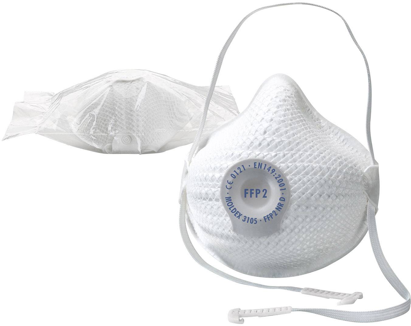 Zwei weiße FFP2-Schutzmasken, eine eingepackt und eine zur Ansicht. Sie verfügen über elastische Bänder zur Befestigung.