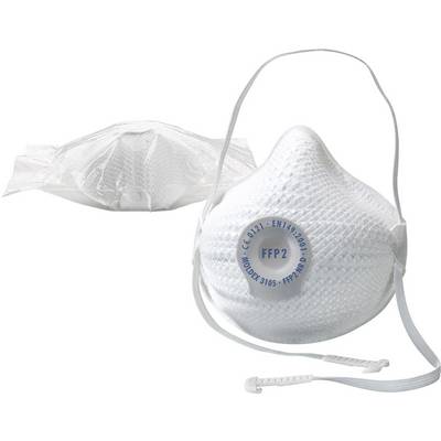 Zwei weiße FFP2-Schutzmasken, eine eingepackt und eine zur Ansicht. Sie verfügen über elastische Bänder zur Befestigung.