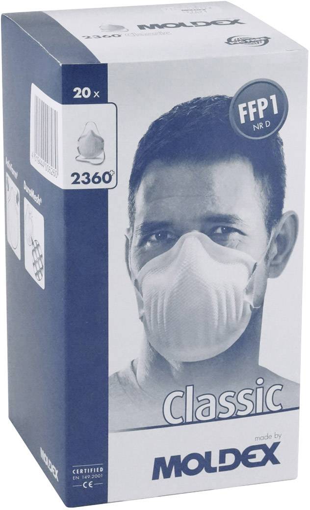 'Verpackung von Moldex FFP1 Atemschutzmasken, 20 Stück, CE-zertifiziert, zeigt Bild eines Mannes mit Maske.'