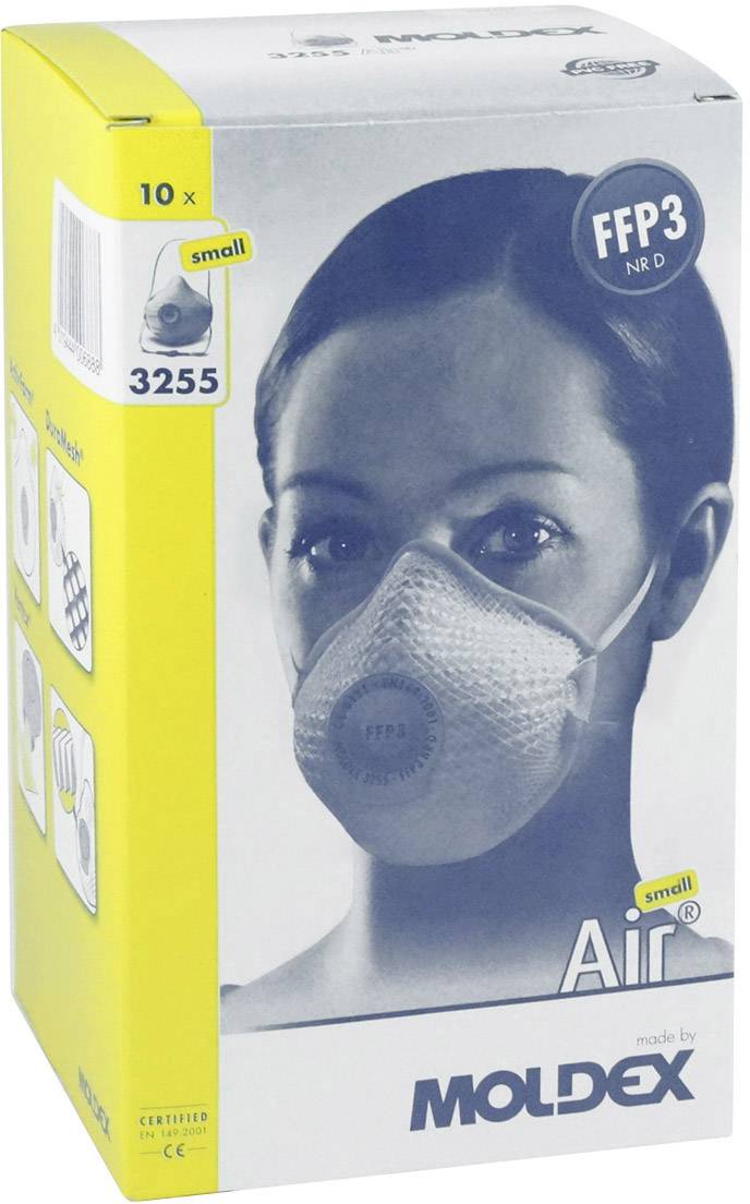 Eine Verpackung von Moldex Atemschutzmasken, Typ FFP3 NR D, Größe 'small', mit einem Bild einer Frau, die die Maske trägt.
