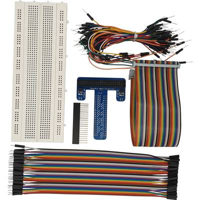 Ein Steckbrett, Kabelbündel, ein T-Konnektor und bunte Jumperkabel für elektronische Schaltungen und Prototyping.