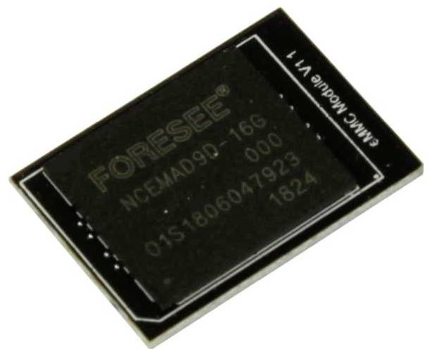 Ein schwarzer Speicherchip mit der Aufschrift 'FORESEE' und Zahlen. Der Chip ist rechteckig und hat eine glänzende Oberfläche.