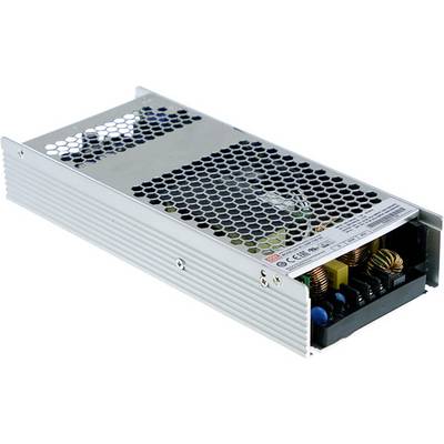 Metallisches Netzteil mit Wabenlüftung. Offene Seite zeigt elektronische Bauteile. CE-Zeichen und technische Details auf Etikett sichtbar.