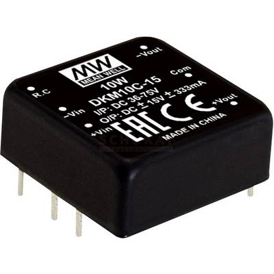 Schwarzes Mean Well DKM10C-15 Modul, 10W Leistung, Eingangsbereich: 36-75V DC, Ausgang: 15V, 333mA, mit CE und EAC Kennzeichnung.