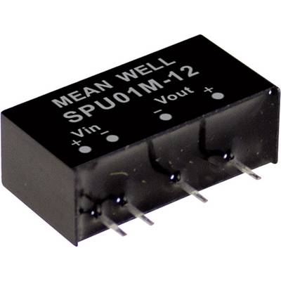 Schwarzer Spannungsregler mit der Aufschrift 'MEAN WELL SPU01M-12', zeigt Eingangs- und Ausgangspins für Spannung. Hauptsächlich für elektronische Anwendungen.