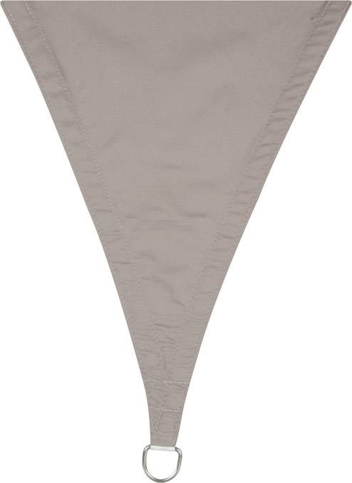Dreieckiges, beige Sonnensegel mit Metallring an der Spitze, dient als Schattenspender im Außenbereich.