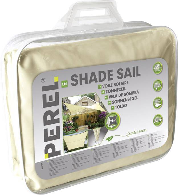 Verpackung eines cremefarbenen Sonnensegels von Perel. Zeigt das Produktbild in einem Garten. Text erwähnt Größe 5x5x5m.
