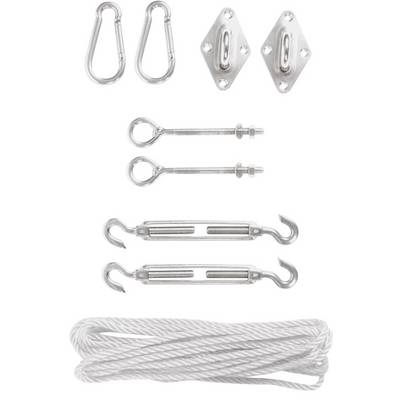 Montageset mit Spannschrauben, Haken, Seilklemmen und Drahtseil, aus glänzendem Metall. Geeignet für Heimwerkerprojekte.