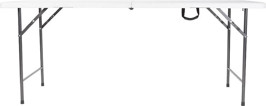 Klapptisch aus Kunststoff in Weiß mit schwarzen Metallbeinen; zusammenklappbar für einfachen Transport und Lagerung.