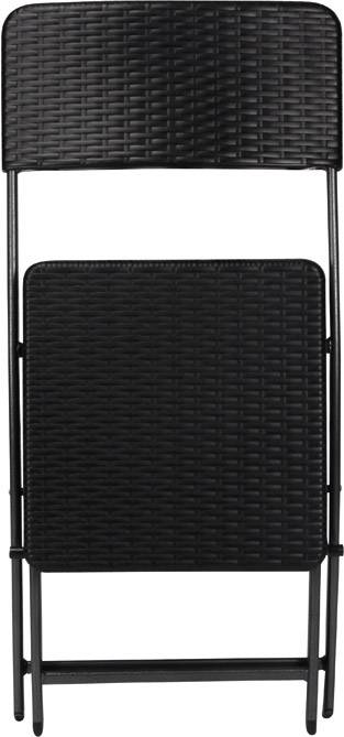 Klapptisch aus schwarzem Rattan-Look mit Metallrahmen, zusammengeklappt. Ideal für platzsparende Lagerung oder Reisen.
