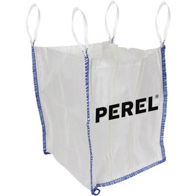 Ein großer, weißer Big Bag mit blauen Nähten und vier Griffen, bedruckt mit 'PEREL'.