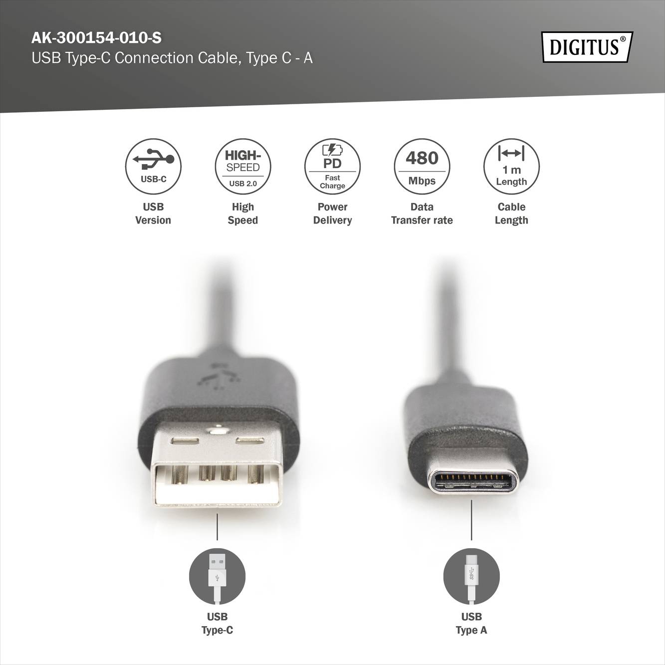 Ein USB-Kabel mit Typ-C und Typ-A Anschlüssen, geeignet für High-Speed-Datenübertragung und Power Delivery mit bis zu 480 Mbit/s und 1 m Länge.