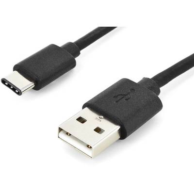 Schwarzes USB-Kabel mit USB-C- und USB-A-Stecker. Der USB-A-Stecker zeigt das übliche USB-Symbol.
