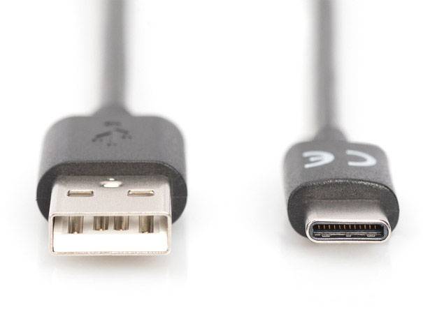 Zwei Kabelanschlüsse: Links ein USB-A-Stecker, rechts ein USB-C-Stecker. Beide sind schwarze Kabelenden auf weißem Hintergrund.